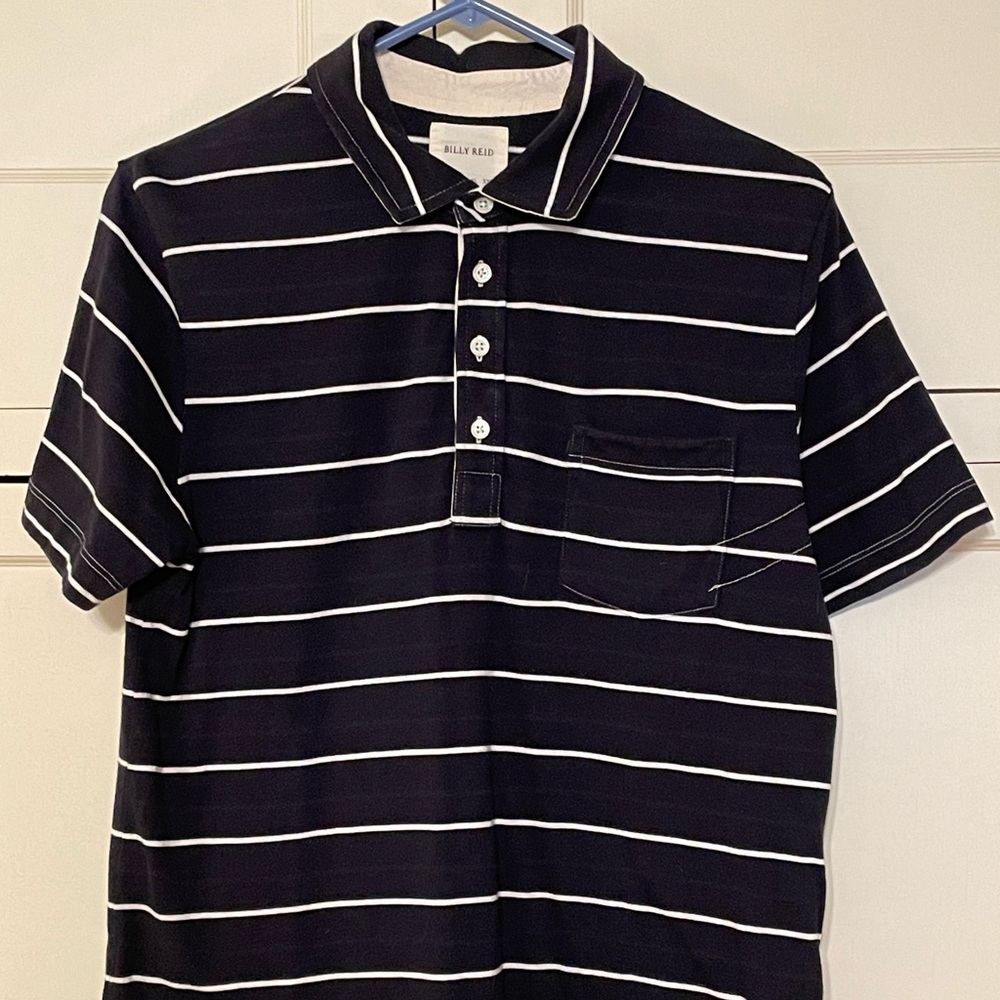 Billy Reid polo shirt medium blue white striped